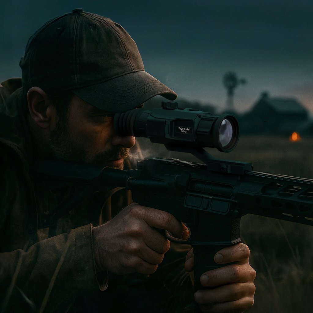 Coyote caller aiming a rifle fitted with an ATN thermal scope at night
