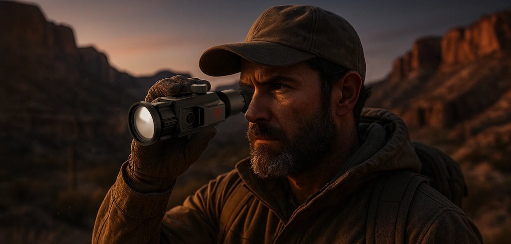 Hunter scanning at night with an ATN thermal optic in the field