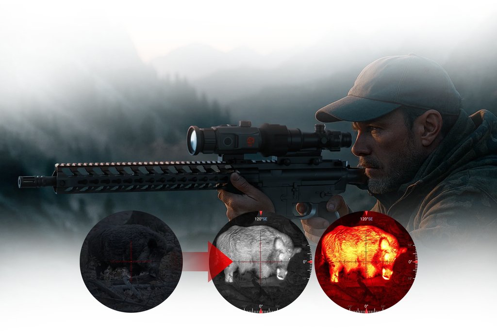 Hunter shooting an AR from a rest with an ATN thermal clip-on at night