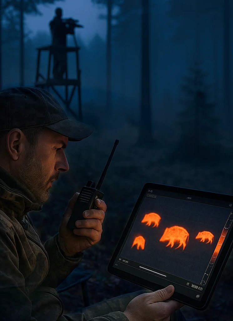 Hunter scanning terrain at dusk with ATN thermal binoculars