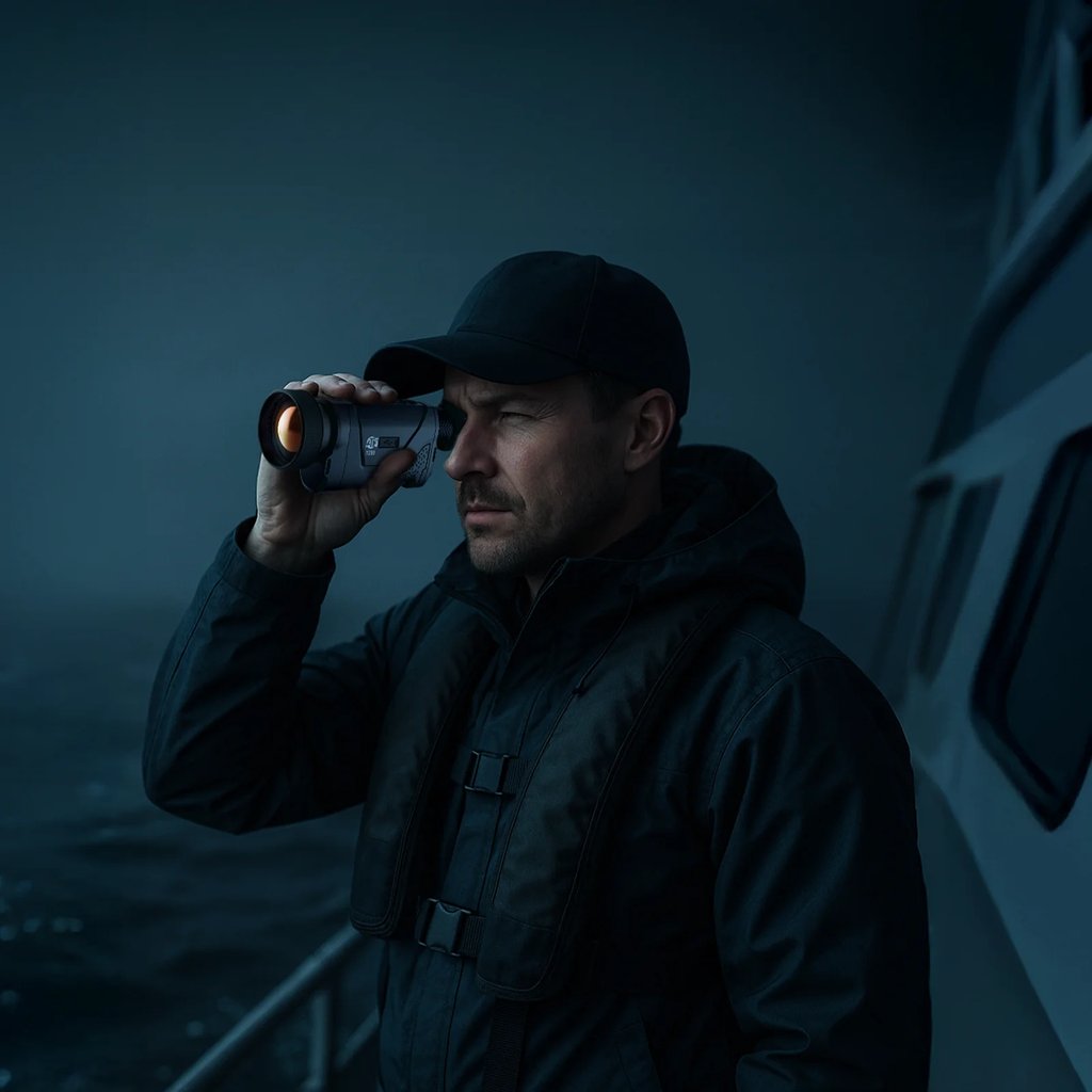Hunter in the field using an ATN scope at dusk