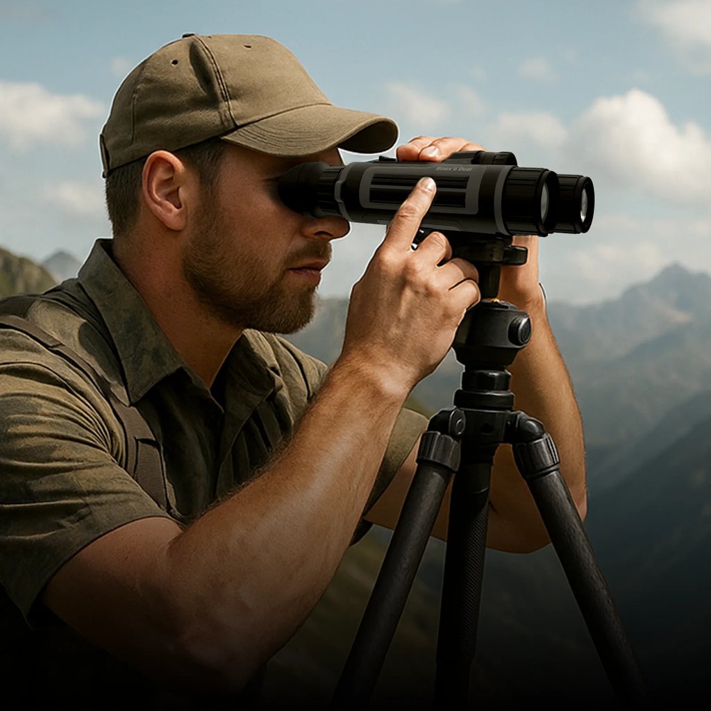 Hunter scanning at night with an ATN thermal optic in the field