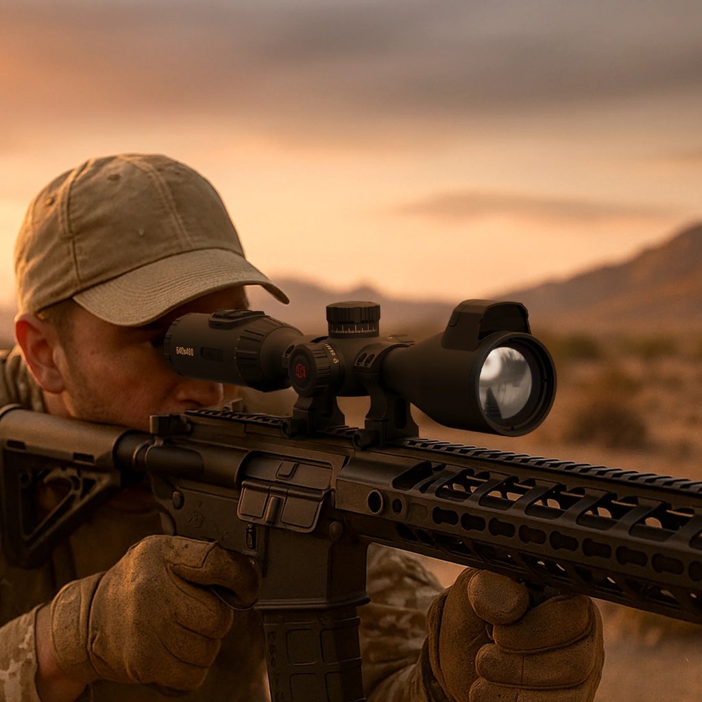 Hunter in the field using an ATN scope at dusk
