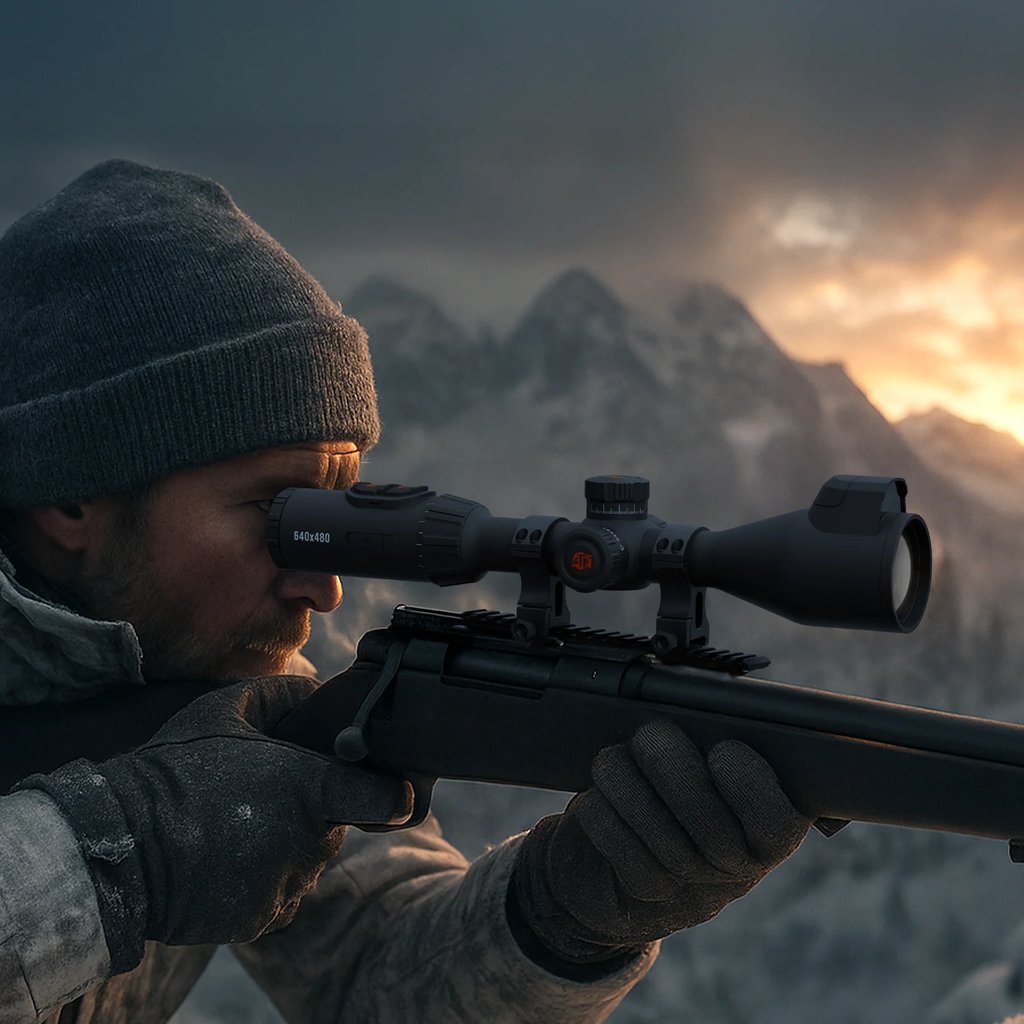 Hunter aiming a rifle fitted with an ATN X-Sight 5 day and night scope at dusk